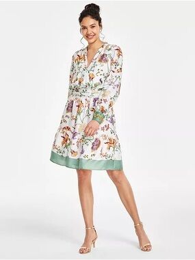 Anne Klein Floral Soft-V Tiered Fit & Flare Dress